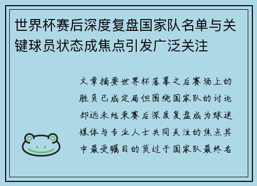 世界杯赛后深度复盘国家队名单与关键球员状态成焦点引发广泛关注